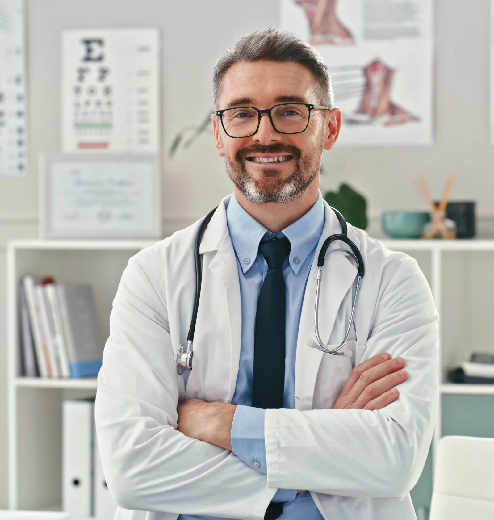 A physician standing in his exam room with a stethoscope