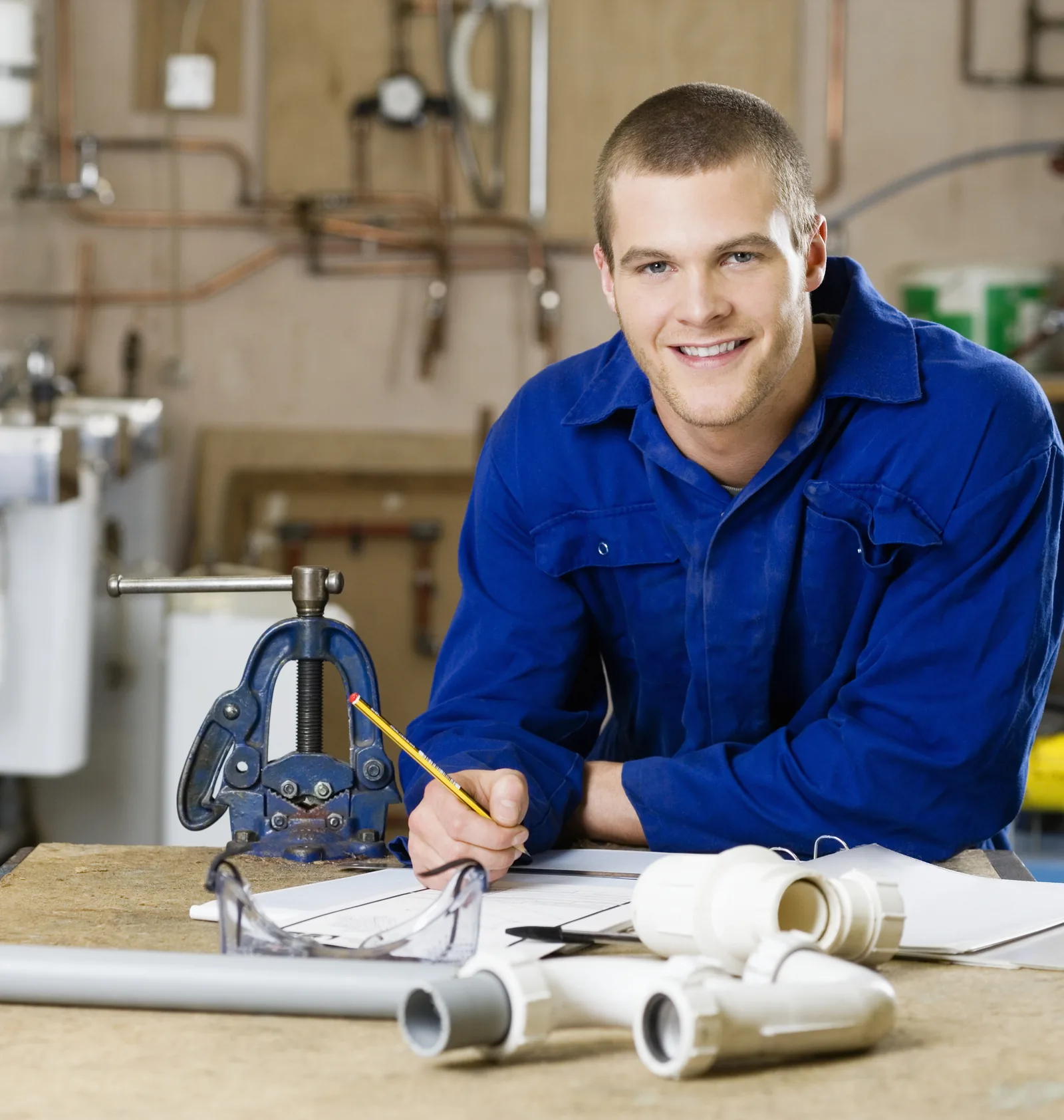 A plumber writing notes at his workbench surrounded by pipe fittings