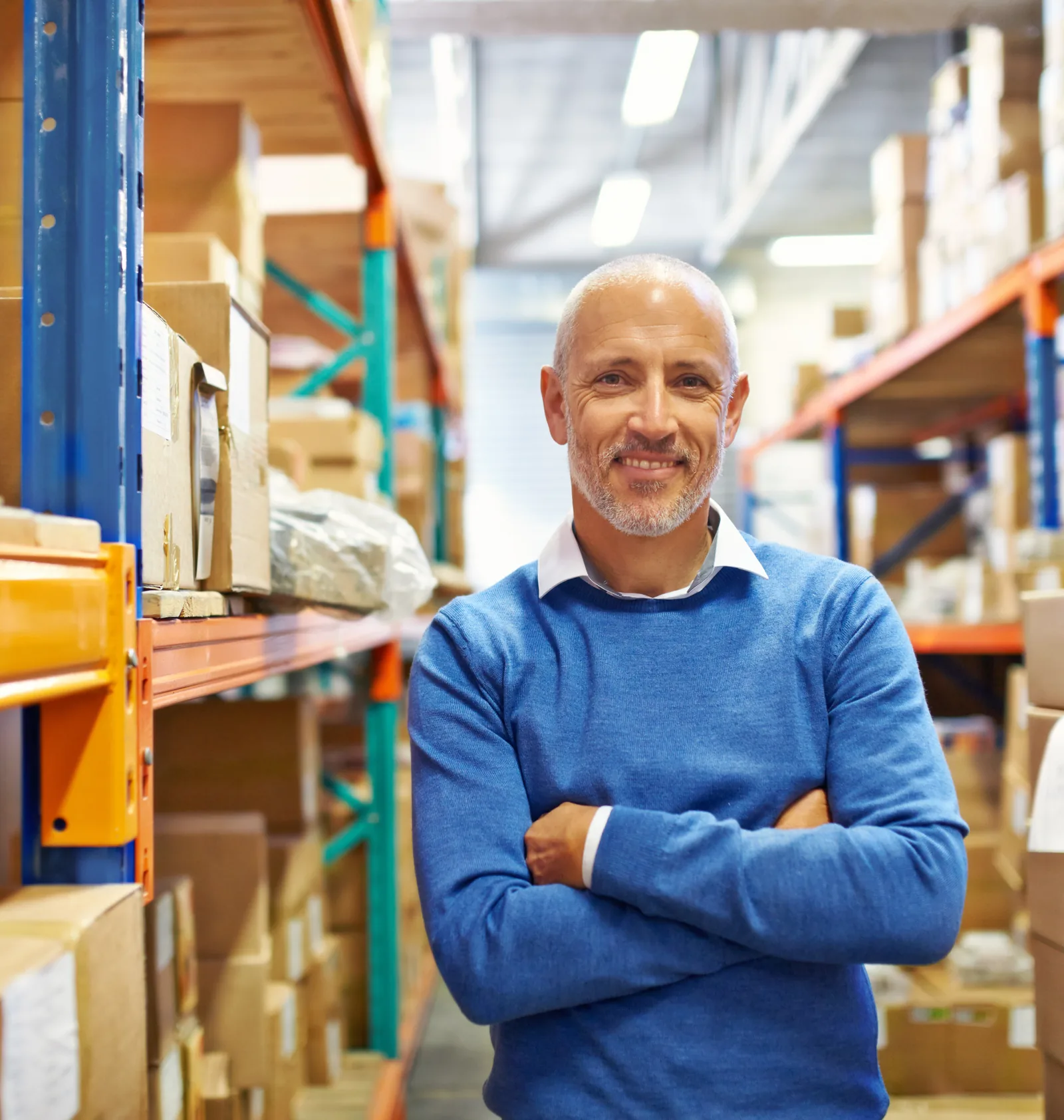 A wholesale distribution owner standing in a warehouse aisle stocked with inventory